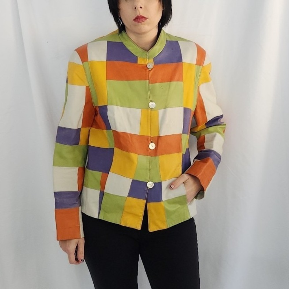 Y2K Colorful Patchwork Leather Jacket - image 1